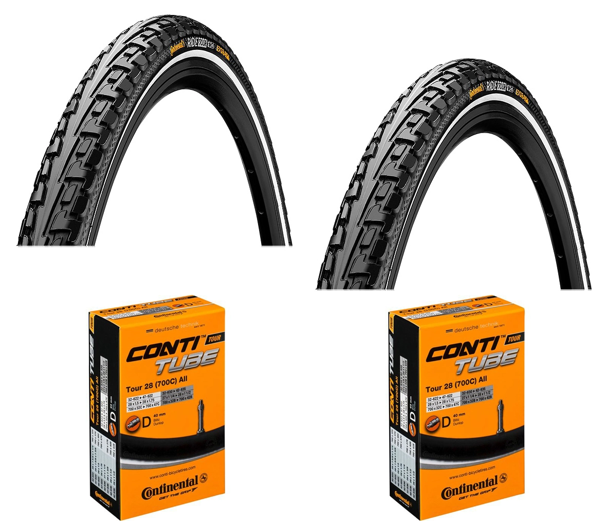2 Dekk + 2 Slanger Continental Ride Tour Svart 700x35C (37-622) Refleks Dunlop Ventil