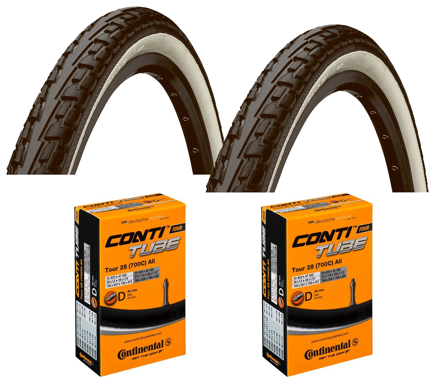 2 Dekk + 2 Slanger Continental Ride Tour Svart/hvit 700x45C (47-622) Dunlop Ventil